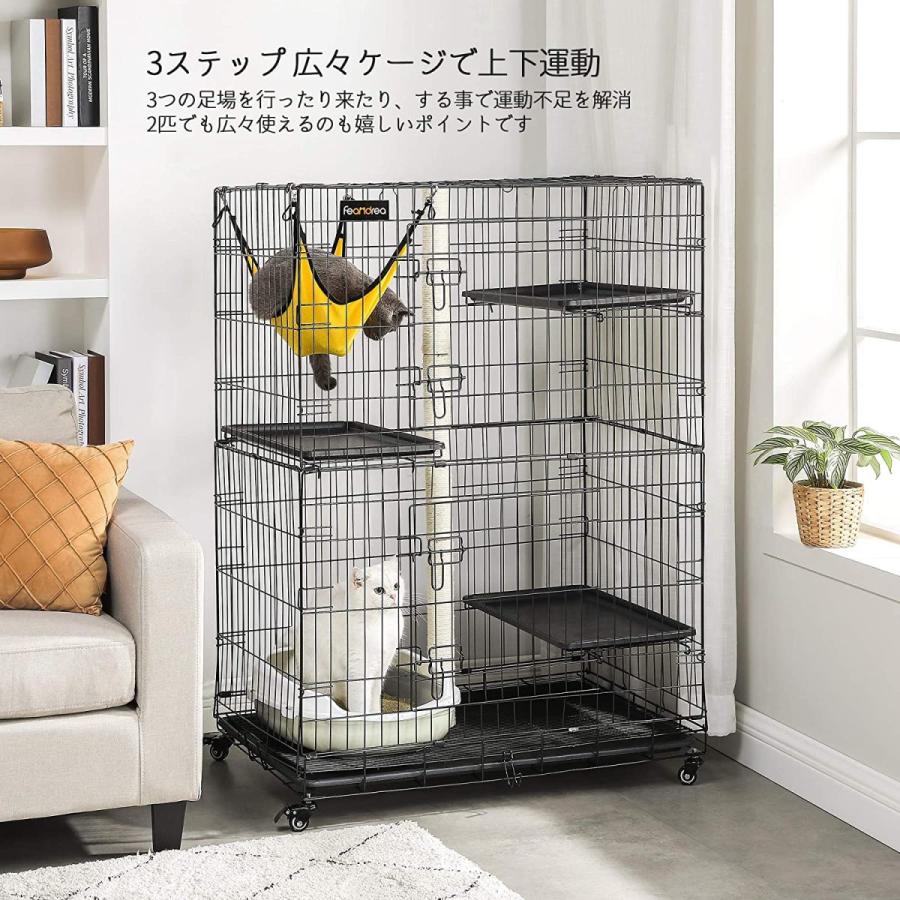 FEANDREA 猫用ケージ 大型 128×91×57cm 3階層 全段爪研ぎポール付き