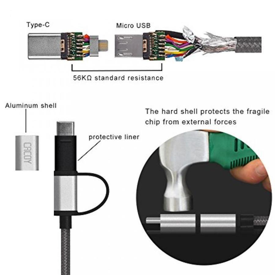 2 in 1 PC [2 in 1] Cacoy 6.6Ft Type C and Micro USB Dual Connectors Cable 56k Ohm Resistor with Metal Housing Nylon Braided for PixelXL Nexus 5X6P｜sonicmarin｜04