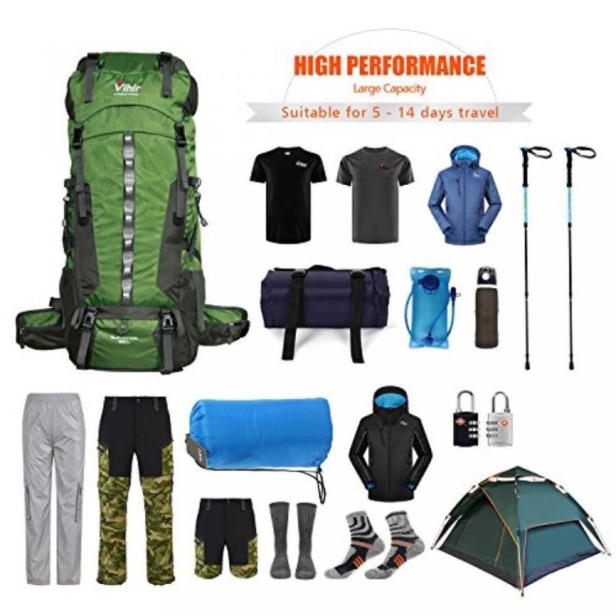 テント Waterproof 60L Camping Hiking Backpack- Vihir Nylon External Frame Travel Bag with Rain Cover for Men Women, Army Green｜sonicmarin｜02