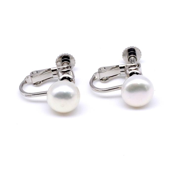 金属アレルギー対応 淡水パールイヤリング ７.５〜８ｍｍ ホワイト系 ボタン型 ネジバネ式 ニッケルフリーメッキ処理 |  | 01