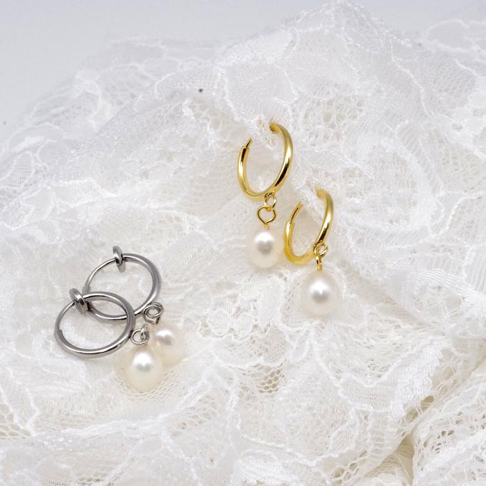 金属アレルギー対応　淡水パールフープイヤリング ６ｍｍ ホワイト系 真珠 サージカルステンレス ステンレス ノンホールピアス |  | 04