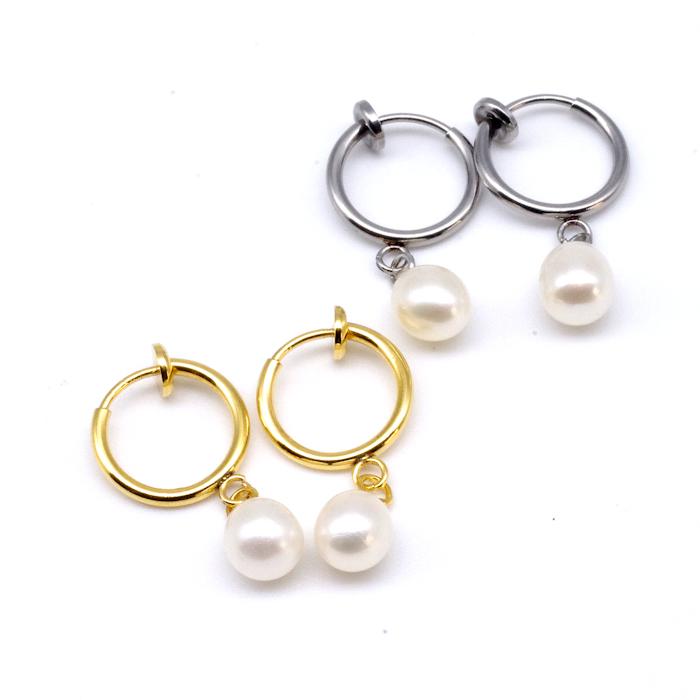 金属アレルギー対応　淡水パールフープイヤリング ６ｍｍ ホワイト系 真珠 サージカルステンレス ステンレス ノンホールピアス |  | 05