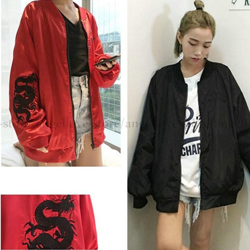 感謝価格 秋冬新品 スカジャン レディース ジャケット 刺繍 龍 赤 黒 ゆったり 原宿系 ファッション サテン スタジャン ブルゾン アウター ショートコート 秋冬 Honeymoon Style