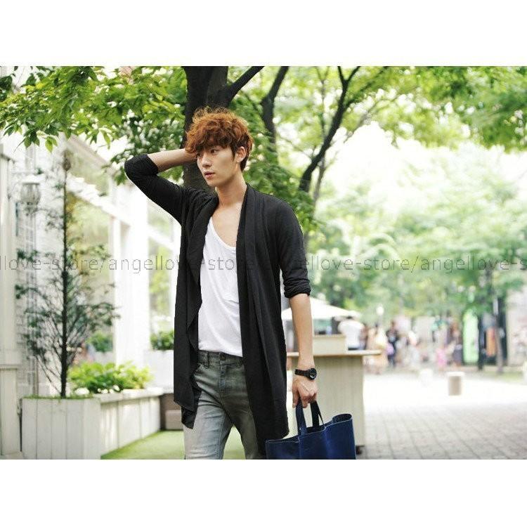 新品 人気 春夏 ロングカーディガン メンズ ロング丈 ショールカラー 長袖 無地 韓国風 秋 新作 2色 35 Off