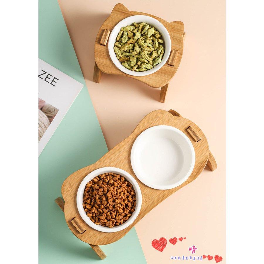 おしゃれ フードボウル ペット用 台付き 猫食器 犬食器 猫用 小型犬用 食器 餌やり 水やり用品 かわいい 竹製 組み立て 2連 2皿 イラスト ペット食器 Shipsctc Org