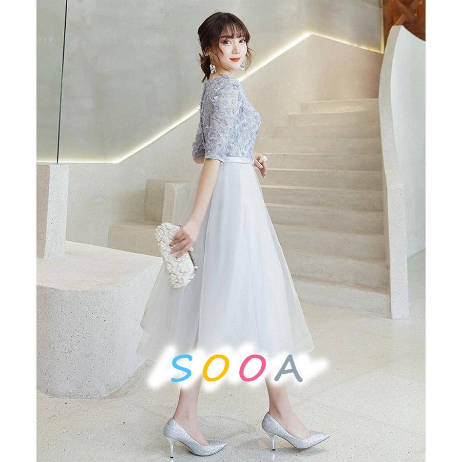 在庫処分 女性 結婚式ドレス ワンピース ミモレ丈 大人上品 グレー 服装 服 代30代40代 パーティードレス お呼ばれ 半袖 結婚式 フォーマルドレス 大きいサイズ パーティドレス カラー ネイビー