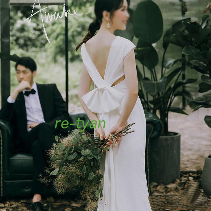 ウエディングドレス スレンダー Vネック タイト ノースリーブ バックリボン フォトウエディング ブライダル ロング 二次会 前撮り 後撮り 披露宴 結婚式 花嫁 注目 バックリボン