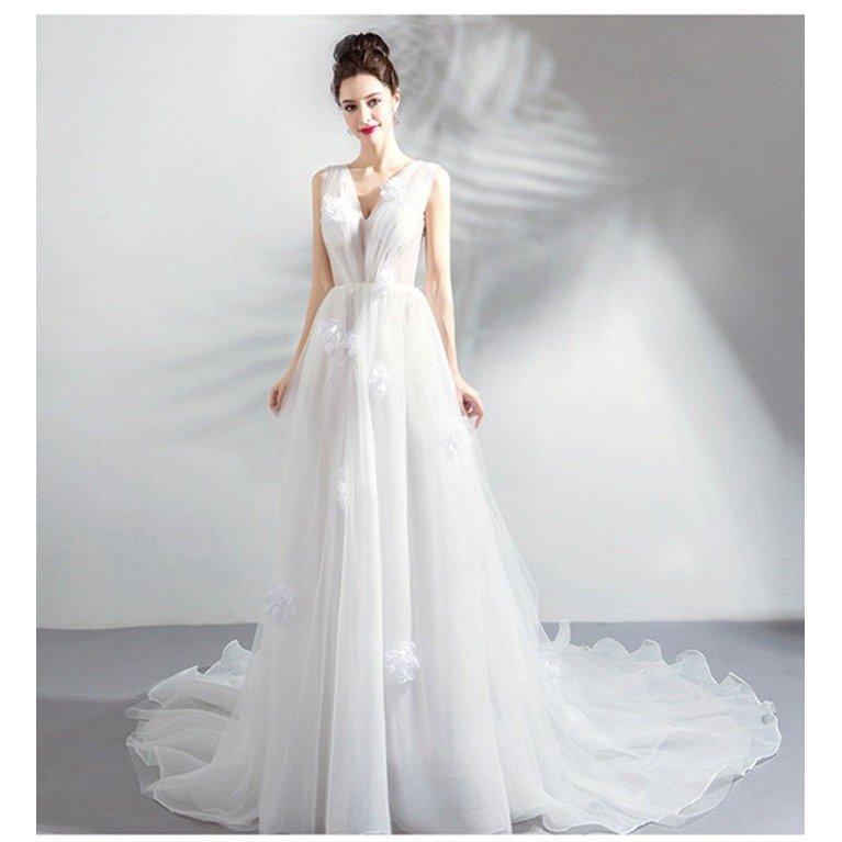 ウェディングドレス トレーン付き 大きいサイズ プリンセス 袖あり 贅沢 オフショルダー レース刺繍 編み上げタイ 結婚式 二次会 花嫁 お嫁さん 18秋冬新作 エンパイアライン サイズ L Musicefars Ir