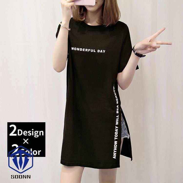カットソー Tシャツ 半袖 レディース トップス ロンt チュニック風 丈長め サイドスリット 丸首 ラウンドネック 英語 英字 プリント ロゴ シン Q4 Sywo506 Soonn 通販 Yahoo ショッピング