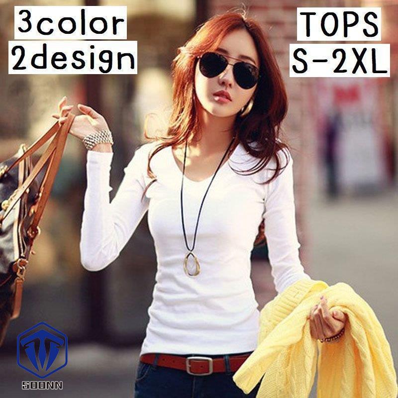 長袖tシャツ ロングｔシャツ カットソー レディース 女性用 婦人用 トップス 大きいサイズあり プルオーバー ｖネック 無地 単色 ブラック ホワイ Q4 Sywo622 Soonn 通販 Yahoo ショッピング