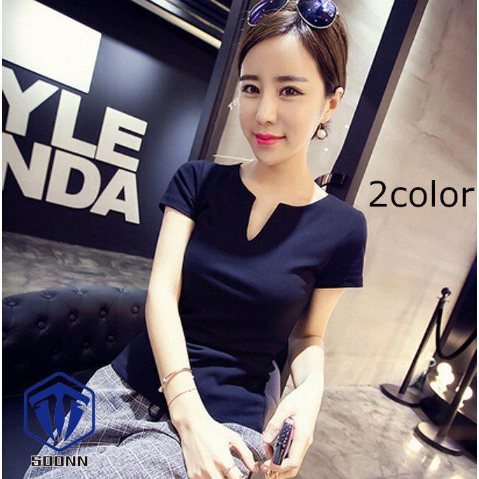 半袖カットソー レディース トップス 無地 Vネック 女性用 シンプル 胸元切り込み 半袖tシャツ Ol ビジネス Q4 Sywo734 Soonn 通販 Yahoo ショッピング