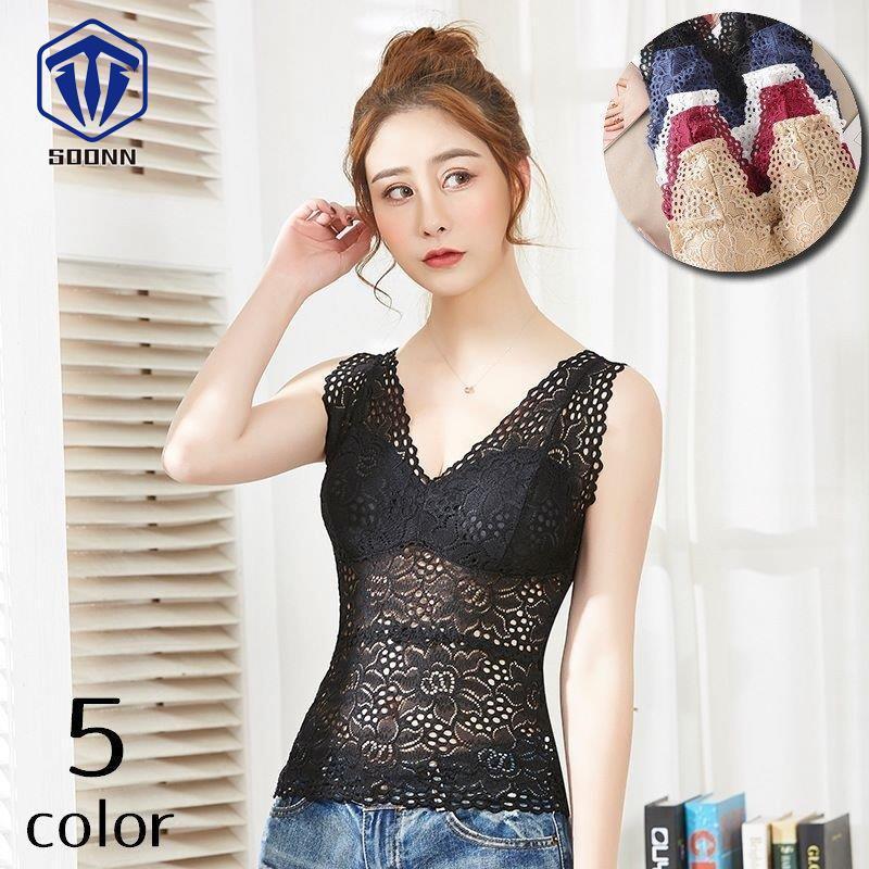 定番の人気シリーズpoint ポイント 入荷 ブラトップ カップ付きインナー ノースリーブ Vネック タンクトップ レース レディース 女性肌着 トップス 見せるインナー 透け感 花柄