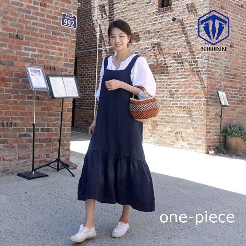 ワンピース ノースリーブ レディース 女性用 ロング丈 無地 シンプル 裾フレア エプロン風ワンピ 夏服 ナチュラル Son Onepis230 Soonn 通販 Yahoo ショッピング