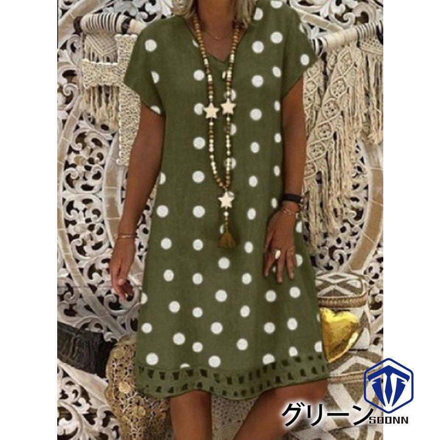 ワンピース レディース ワンピ 膝丈 半袖 Vネック Aライン カットアウト ドット 水玉 ホワイト ブラック カーキ シンプル 可愛い レトロ おし 人気商品