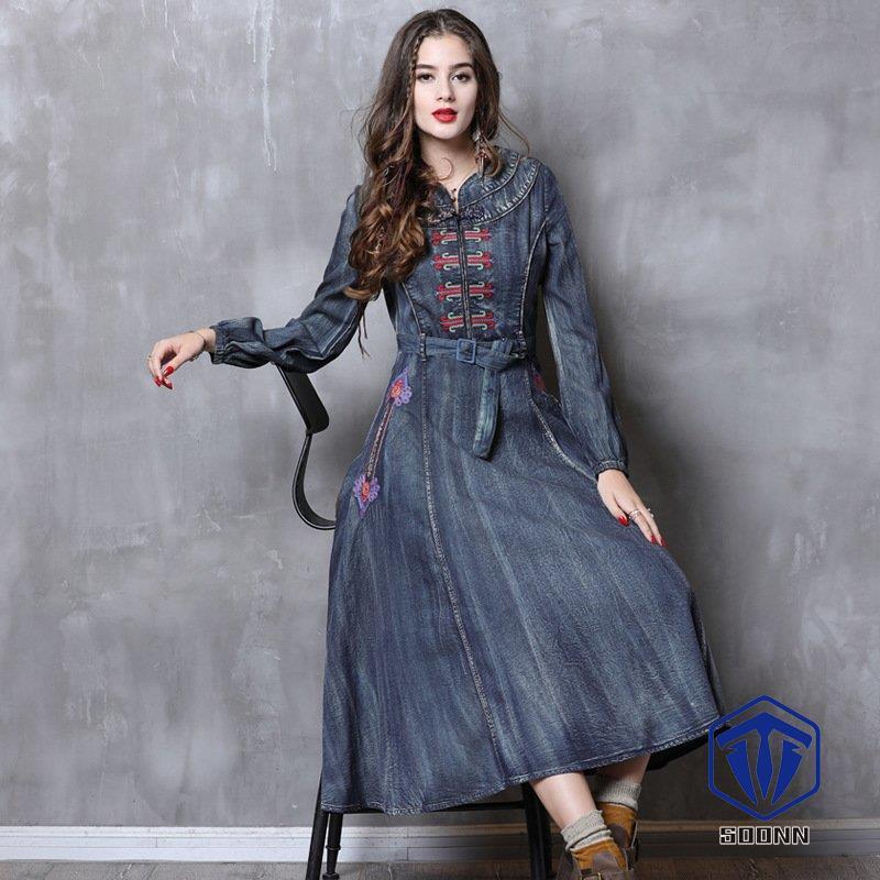 ワンピース ミディアム丈 刺繍 Aライン レディース 長袖 デニム ダンガリー ミディ丈 膝下 ロング ウエストベルト 無地 切替 フレア カジュアル Son Oonepis3 Soonn 通販 Yahoo ショッピング