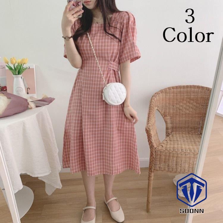 レディースファッション 夏 お店屋さん ワンピース レディース 女性 ５分袖 パフスリーブ 膝丈 ミディ丈 ミモレ丈 スクエアネック チェック柄 バックリボン かわいい ガーリー デート お Wocawp2jfj Www Sakphotography Com