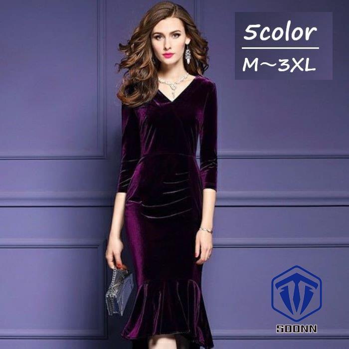 ワンピース 7分袖 ベロア ワンピ タイト フレア Vネック 膝丈 無地 シンプル 大人女子 パーティードレス ミディ丈 膝下 Son Oonepis97 Soonn 通販 Yahoo ショッピング