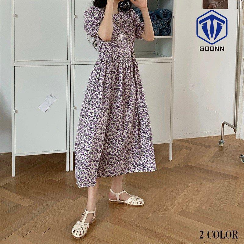 ワンピース ロングワンピース 五分袖 パフスリーブ 小花柄 フラワー ロング丈 ラウンドネック かわいい おしゃれ ワンサイズ 黄色 紫 夏服 女性 Son Ooneps1092 Soonn 通販 Yahoo ショッピング
