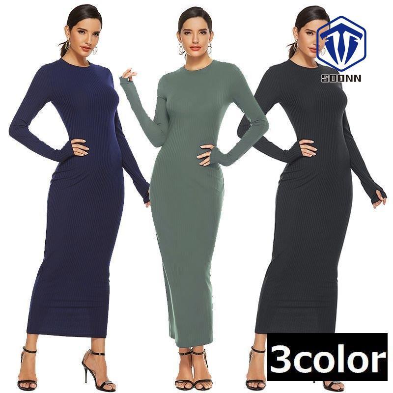 人気ブランド ワンピース レディース 婦人服 長袖 ラウンドネック ロング丈 リブニット素材 指穴 シンプル 無地 タイト おしゃれ ワンピース サイズ Xl Www Projectcorfu Com