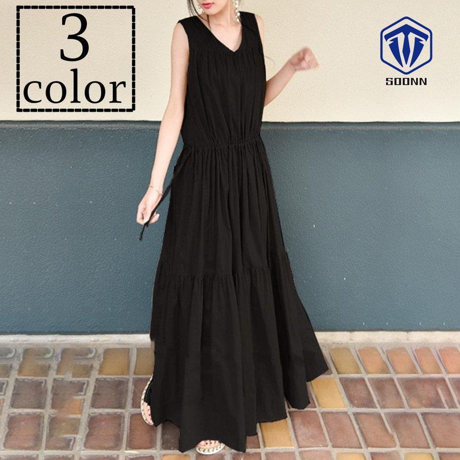 ワンピース ティアード レディース 女性 マキシ丈 ロング Aライン フレア ノースリーブ 袖なし Vネック ウエスト切り替え カーキ ブラック ゆる Son Ooneps1547 Soonn 通販 Yahoo ショッピング