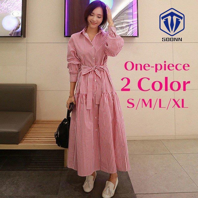 ロングワンピース 長袖 シャツ ワンピース レディース ストライプ 前開き ボタン 襟付き ウエストリボン おしゃれ かっこいい Aライン ゆったり Son Ooneps156 Soonn 通販 Yahoo ショッピング