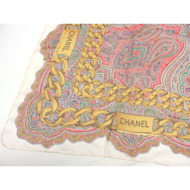 美品　シャネル　CHANEL　大判　スカーフ　総柄　チェーン　シルク　100 CHANEL シャネル 大判 ヴィンテージチェーン柄 スカーフ シルク