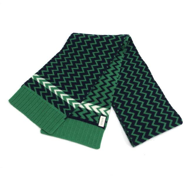 グッチ シェブロン柄 ウール リバーシブル ニットマフラー 緑x黒