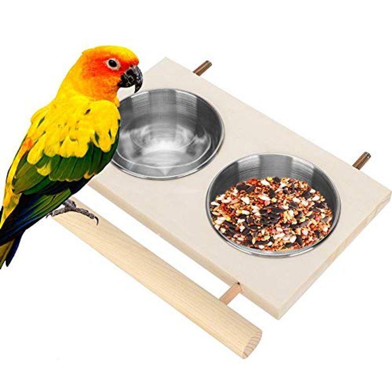 バードフィーダー オウムボウル 鳥 ボウル バード食器 鳥の餌台 木製スタンド ステンレス鋼 お手入れ簡単 ケージアクセサリー ダブルボウル 人気定番の