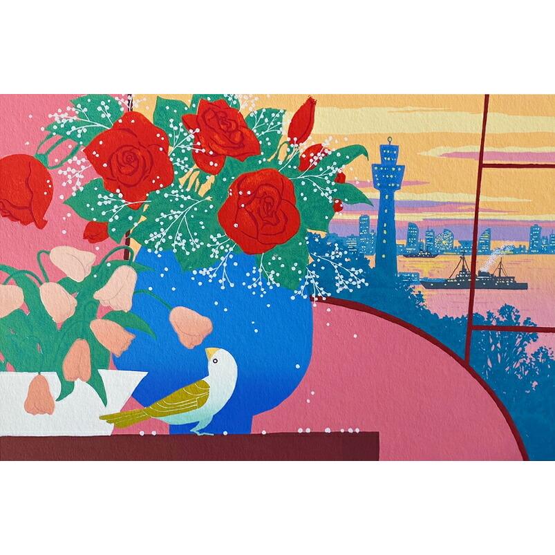 吉岡浩太郎 額縁付きシルクスクリーン 版画 557×442mm 窓辺の花