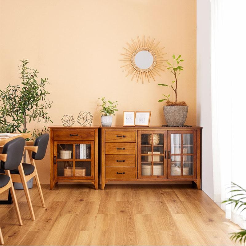 キャビネット 120 完成品 食器棚 収納 天然木 無垢材 木製 ガラス