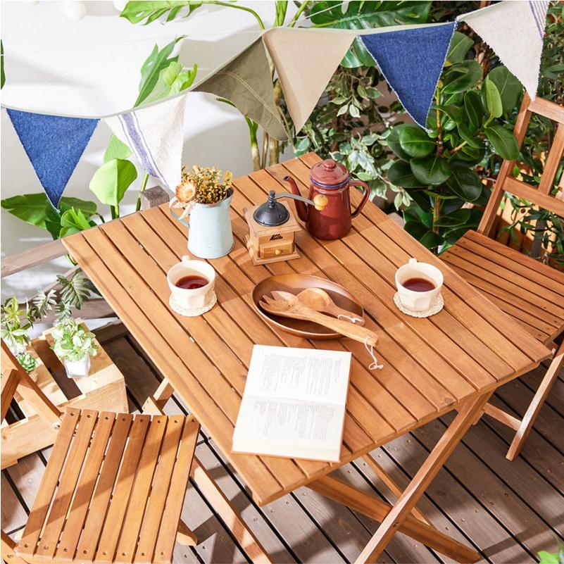 木製折りたたみテーブルチェアセット アウトドア ベランダ ガーデン テーブル チェア 4脚 セット 木製 折りたたみテーブル