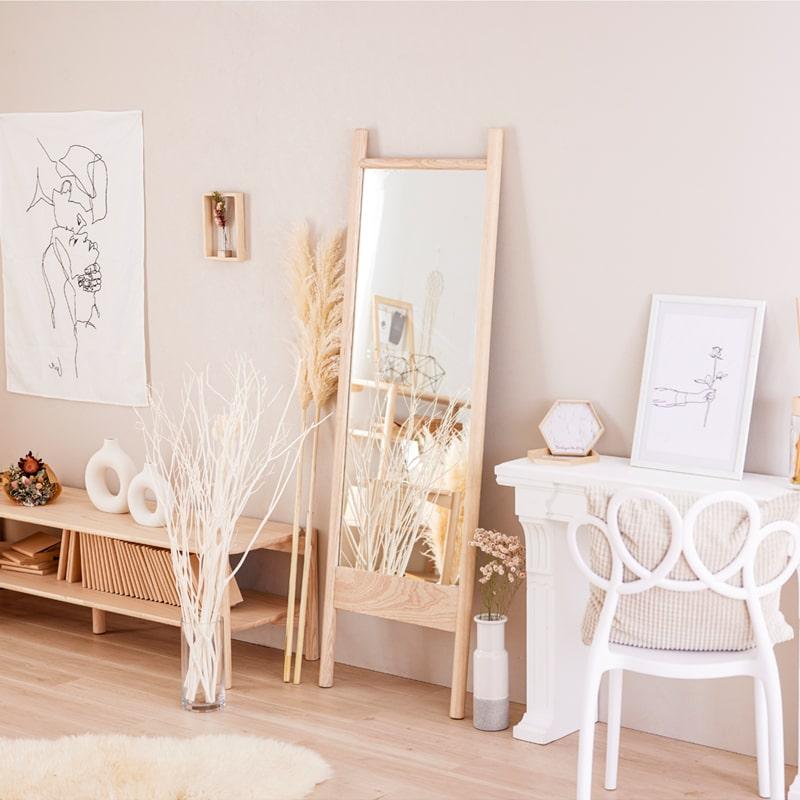 全身鏡 姿見 スタンドミラー 木製 無垢材 白木目調 立て掛け 高さ160cm