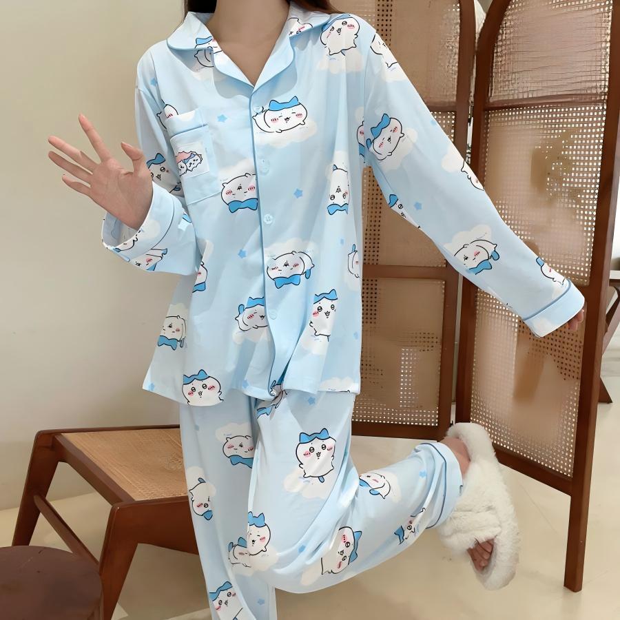 ハチワレ　セットアップ ちいかわ ハチワレ ウサギ ちいかわ パジャマ 上下セット 長袖 シャツ