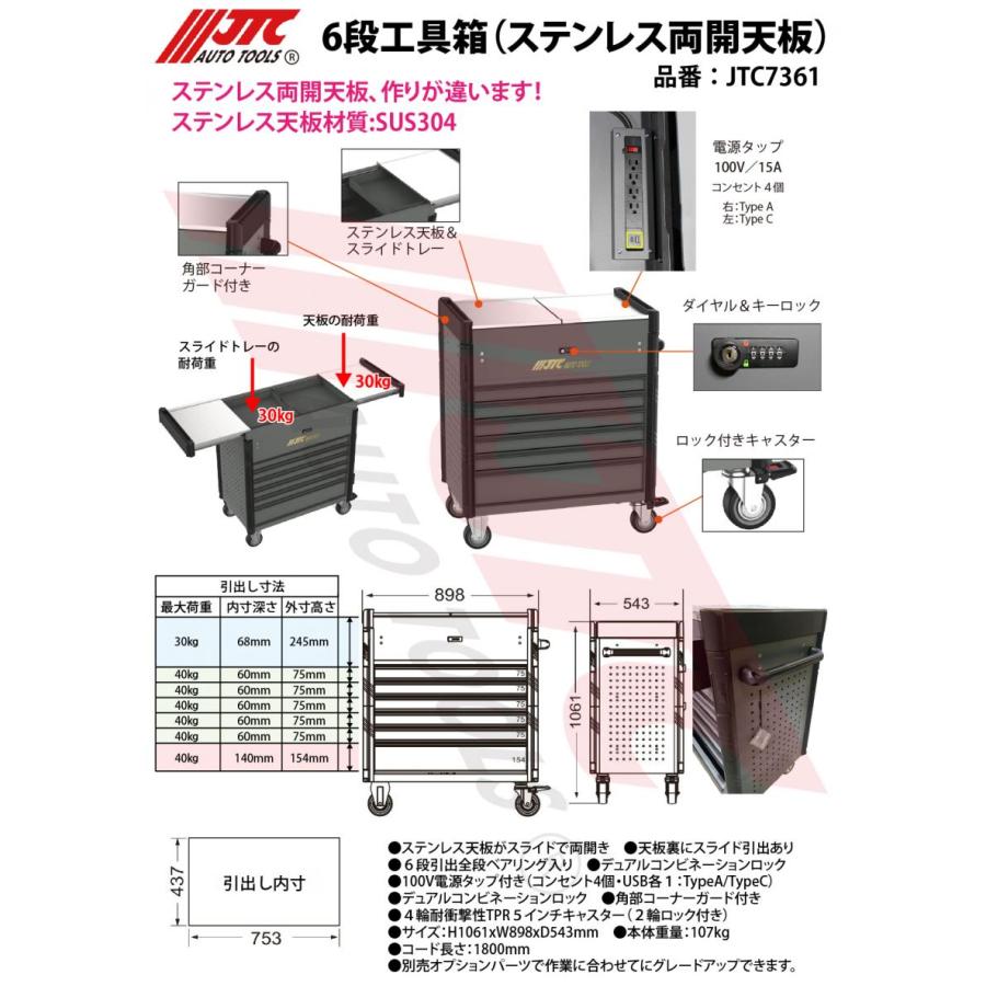 JTC JTC7361 6段工具箱（ステンレス両開天板） メーカー直送 個人宅配