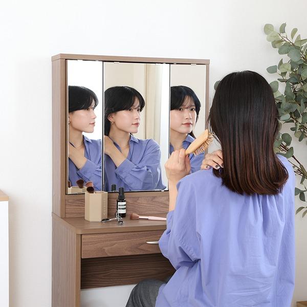 メルル ドレッサー (三面鏡) スツール付き ブラウン 3D W600×D390