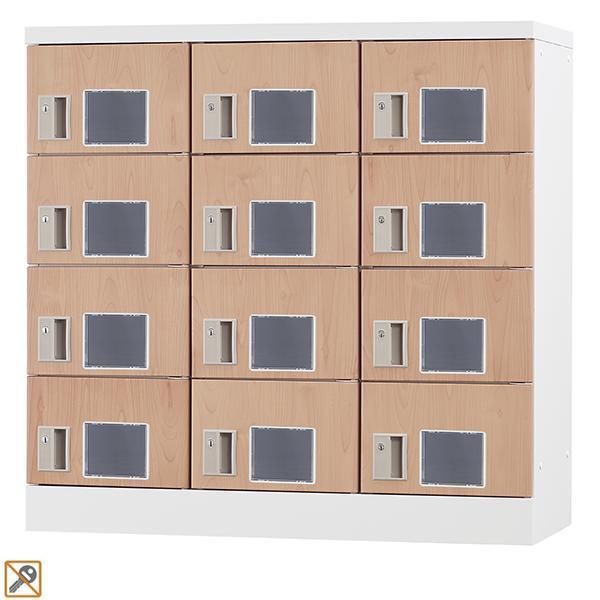 木目柄 12人用 スタンダードロッカー 浅型 鍵なし 窓付き 12人用タイプ 錠なし 3列4段 GLK-K12W-NT ロッカー おしゃれ スチールロッカー 受注生産品
