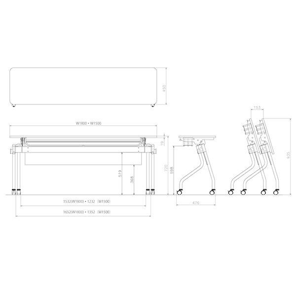 ミーティングテーブル 幅1500×奥行450×高さ720mm パネル付 キャスター付 カバン掛け付 高さ調整 スタックテーブル 研修テーブル オフィス家具 藤沢工業 TOKIOの画像