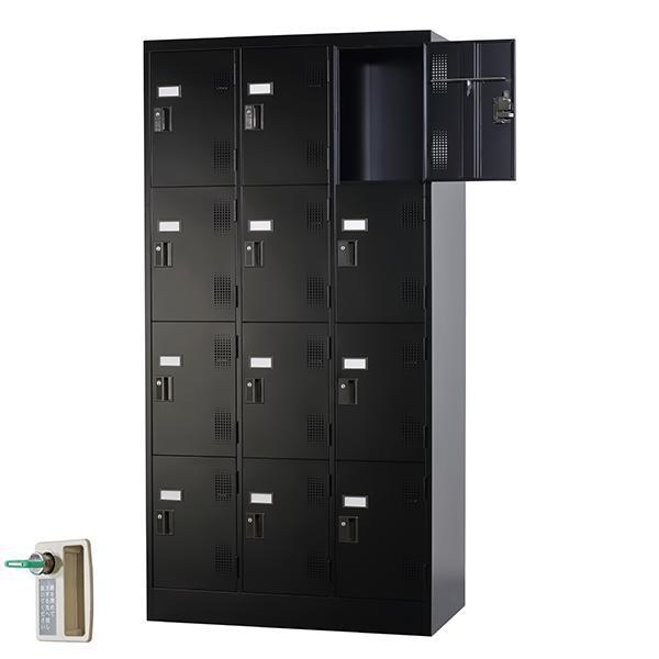 12人用 ブラック スタンダードロッカー 鍵付き 12人用タイプ 3列4段 内筒交換錠 TLK-N12-MB ロッカー ブラック色 黒色 スチールロッカー スチール製 受注生産品