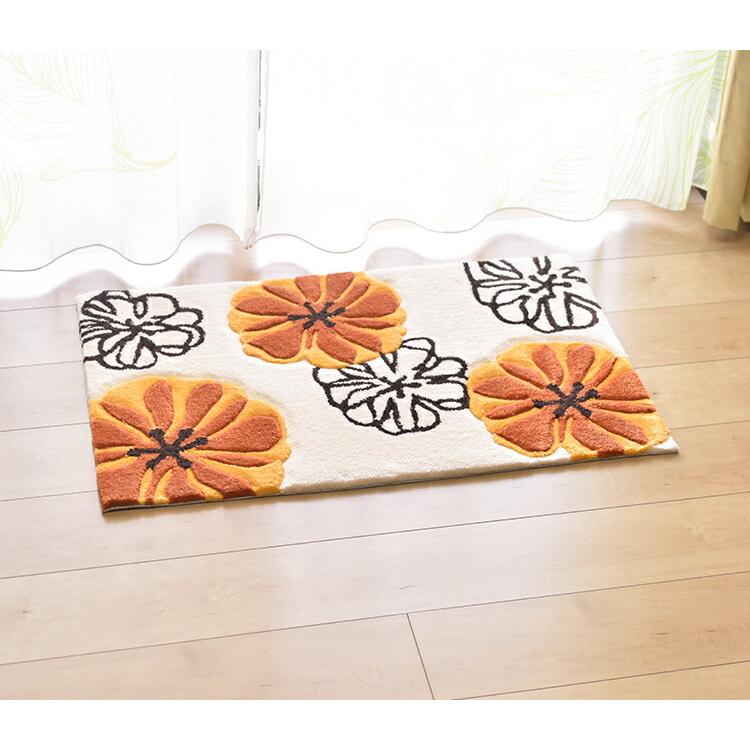 オレンジ 玄関マット 50×80cm マリア 花柄 北欧 室内 風水 おしゃれ 色