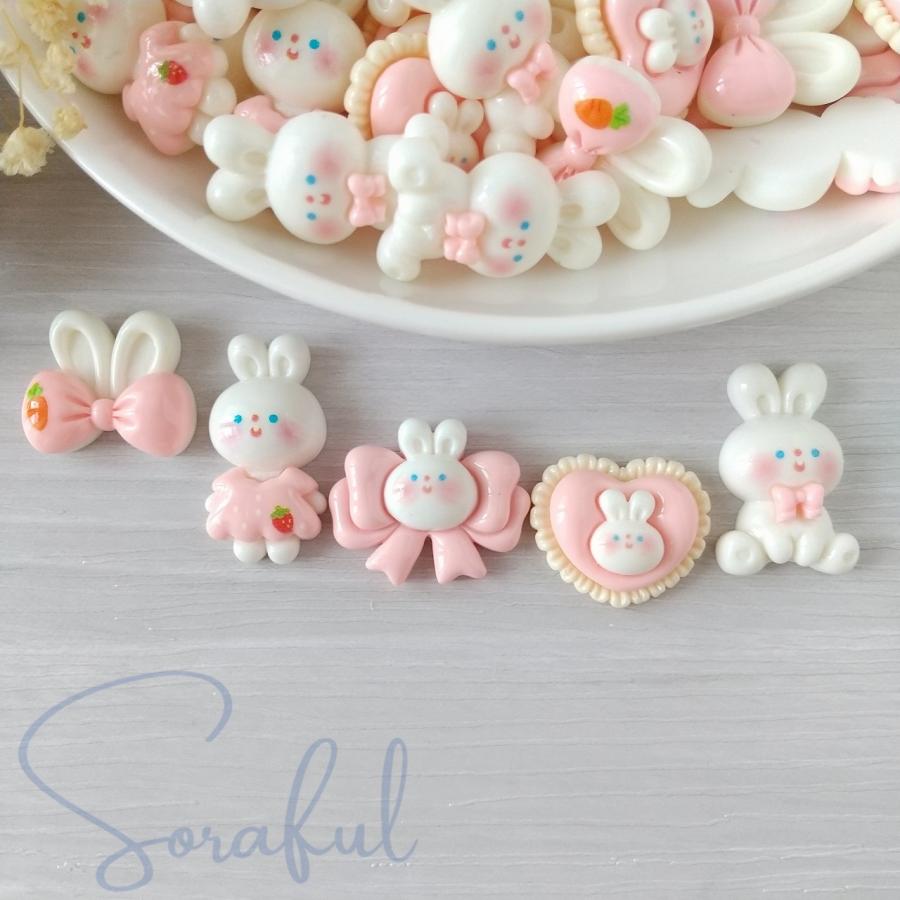 デコパーツ 白うさちゃんとピンクのリボン ハート うさぎ 貼り付け