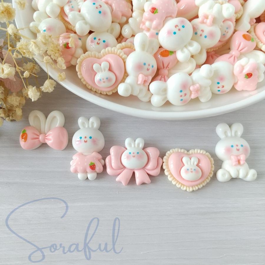 デコパーツ 白うさちゃんとピンクのリボン ハート うさぎ 貼り付け