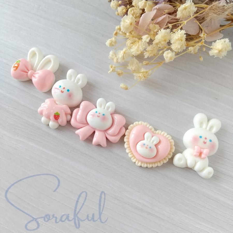 デコパーツ 白うさちゃんとピンクのリボン ハート うさぎ 貼り付け