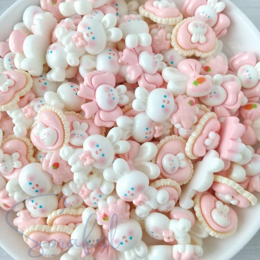 デコパーツ 白うさちゃんとピンクのリボン ハート うさぎ 貼り付け