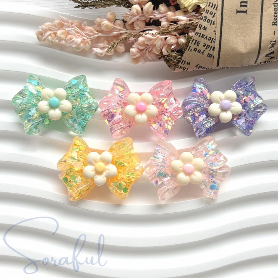 デコパーツ クリアなお花のリボン キラキラ スパンコール 貼り付け