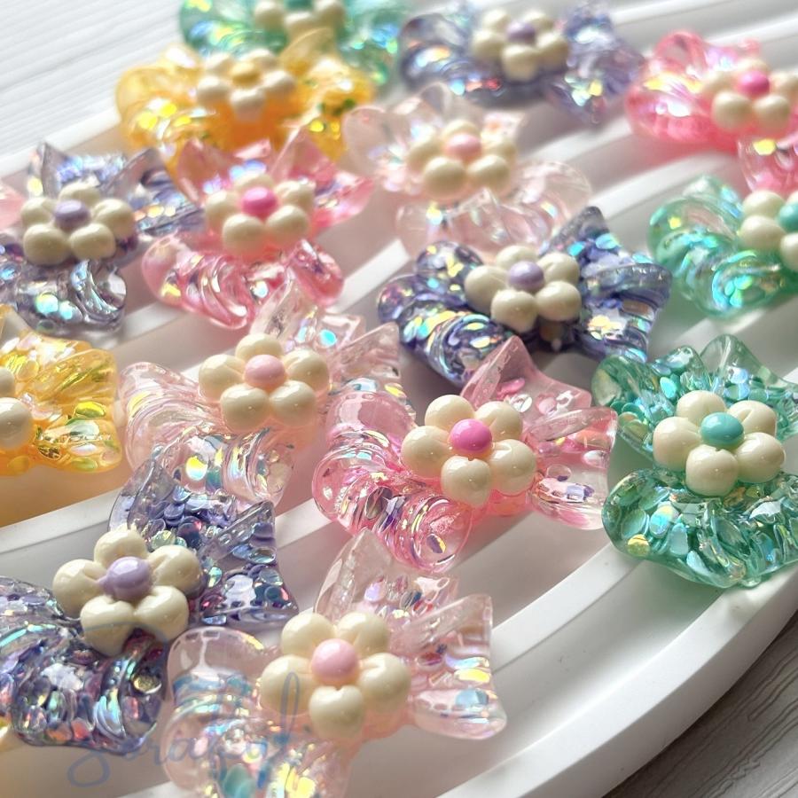 デコパーツ クリアなお花のリボン キラキラ スパンコール 貼り付け