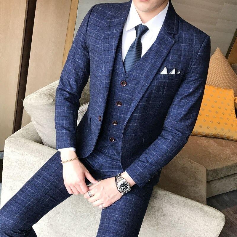 好きに メンズ スーツ 結婚式 ビジネス シングルスーツ セットアップ テーラード スリム タイト チェック柄 シングル スリーピース ネイビー シングルスーツ サイズ 5xl Populationmalawi Org
