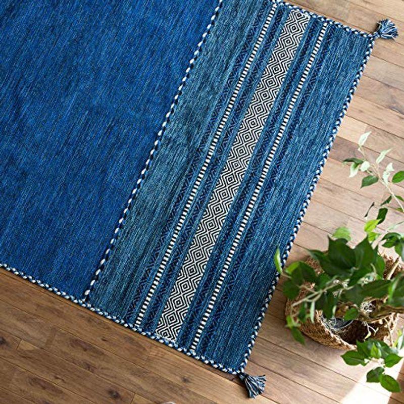 サヤンサヤン 手織り 幾何学模様 ラグ マット インドキリム 200x200 2畳 ブルー インド綿