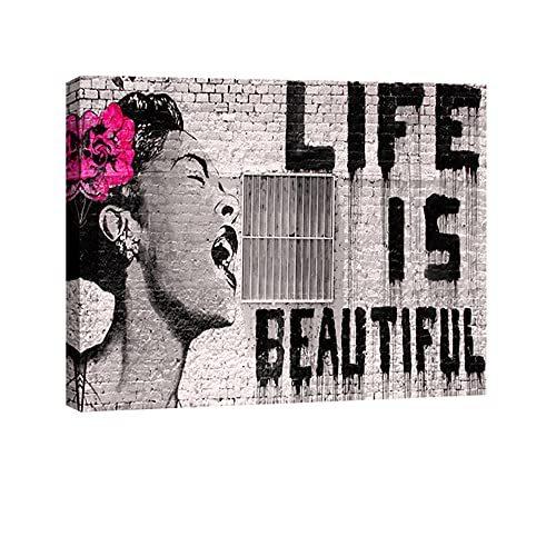 Wieco Art Banksy Life Is Beautiful モダンギャラリー ラップ ジークレー キャンバスプリント アートワーク グレー ラブ ウォールステッカー Robertoortiz Com Co