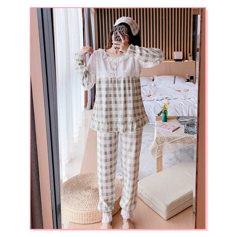 パジャマ レディース 春夏秋 長袖パジャマ ロングズボン 綿100 ルームウェア上下セット レース チェック柄 シャツパジャマ 可愛い 部屋着 韓国風 寝巻き 配送員設置