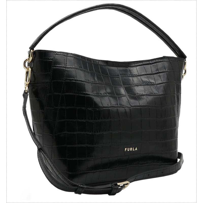 美品　FURLA ハンドバッグ グレイス レザー ホーボーブラック FURLA（フルラ） FURLA GRACE ホーボーバッグ S クロコダイル型押し
